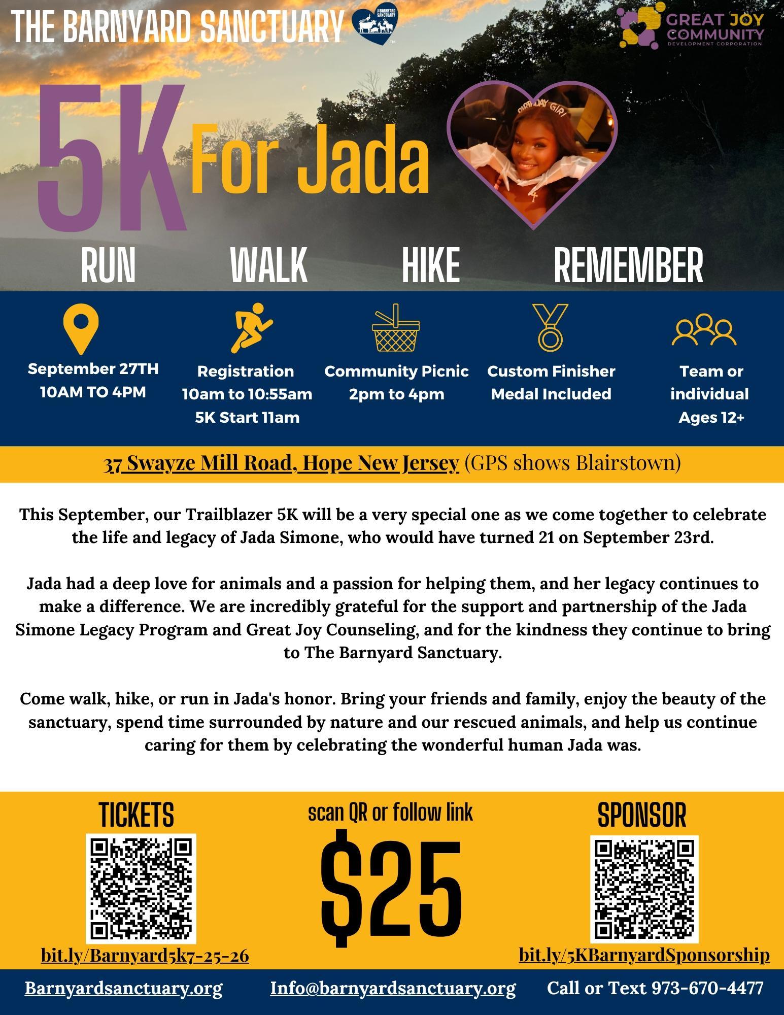 5K For Jada — The Barnyard Sanctuary Trailblazer 5K flyer